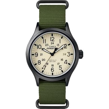 Timex Men's Expedition Scout 40mm Watch – Black Case Cream Dial with Green Fabric Strap - Image 1