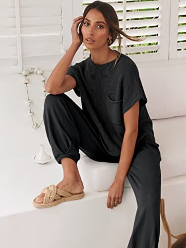 ANRABESS Women's Two Piece Outfits Knit Sweater Vest Crop Top Pants Lounge Matching Tracksuit Sweatsuit Travel Clothes Sets Black XX-Large - Image 3