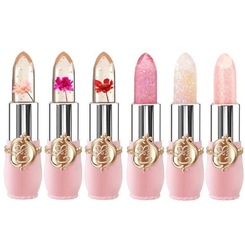 6 Pcs/Set Flower Jelly Lipstick Set Temperature Change Moisturizer Long Lasting Nutritious Shimmer Lip Balm Magic Color Change Lip Gloss (Color Changing Lipstick Set B) - Image 1