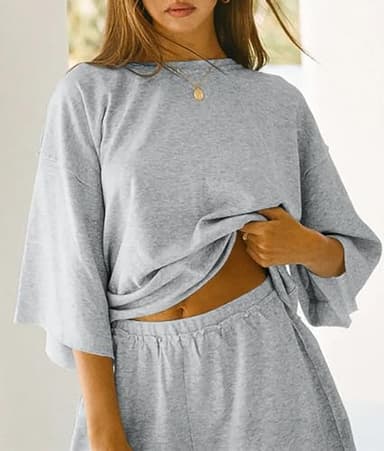 Tankaneo Womens Pajama Sets 3/4 Sleeve Oversized Tops and Elastic Waist Shorts Lounge Sets Loungewear Grey - Image 4
