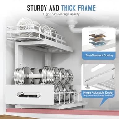 Biboraya 2 Pack Under Sink Organizer with Smooth Ball Bearing Slides,2-Tier Pull Out Cabinet Storage,Slide Out Drawers for Bathroom&Kitchen,Under Sink Shelf,Rust-resistant Coating,Height Adjustable - Image 4