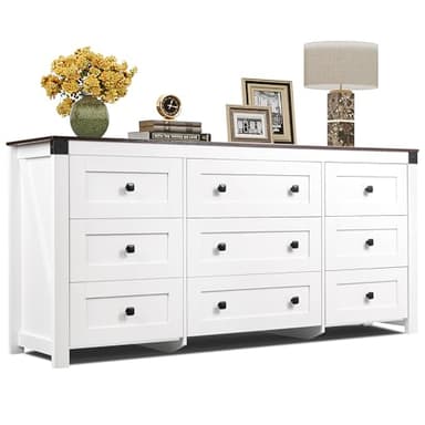 WLIVE Dresser for Bedroom, 63" Wide 9 Drawer Farmhouse Dresser Storage Organizer, Wood Chest of Drawers for Bedroom, TV Stand for 70 inch TV, for Living Room, Hallway, Ball Bearing Slide (White) - Image 1