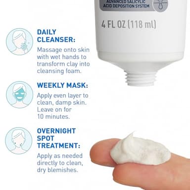 CeraVe Clay To Foam Acne Face Wash, Multi-Use Salicylic Acid & Kaolin Clay Acne Spot Treatment Clears Pimples & Blackheads, Prevents Breakouts, Hydrates & Soothes, Fragrance-Free, Non-Comedogenic, 4oz - Image 6