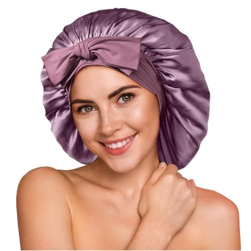 YFONG 100% 22 Momme Mulberry Silk Bonnet for Sleeping Women, Larger Double Layer Silk Hair Wrap for Curly Short Long Hair, Non-Slip Sleep Cap Turban with Elastic Tie Band for Hair Care, Purple - Image 1