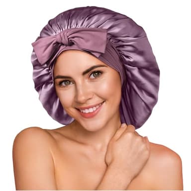 YFONG 100% 22 Momme Mulberry Silk Bonnet for Sleeping Women, Larger Double Layer Silk Hair Wrap for Curly Short Long Hair, Non-Slip Sleep Cap Turban with Elastic Tie Band for Hair Care, Purple - Image 1