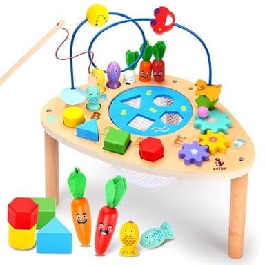 oathx Activity Table for 1+ Year Old, 6 in 1 Wooden Montessori Activity Center Play Table with Bead Maze Shape Sorter Fishing Game, Kids Sensory Educational Toddler Learning Toys 1st Birthday Gifts - Image 1