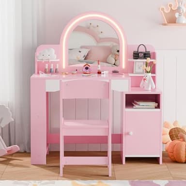 MU Kids Vanity with Lights, Princess Makeup Vanity Desk with Open Bookshelf, Storage Cabinet & Shelves, 2 in 1 Toddler Vanity Table & Chair Set with Lighted Mirror for Little Girls, Pink - Image 3