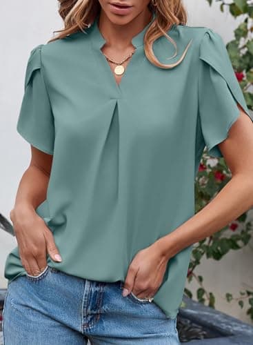 EVALESS Womens Summer Dressy Casual Work Chiffon Blouses 2025 Summer Spring Trendy Notch V Neck Petal Short Sleeve Tops Loose Cute Shirts Clothing,Light Green XX-Large - Image 3