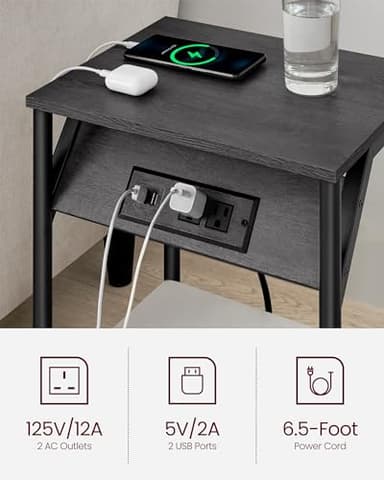 VASAGLE End Table with Charging Station, Set of 2, Small Side Tables for Living Room, Bedroom, Nightstand with Outlets and USB Ports, Bedside Table with Storage Shelf, Misty Gray and Black - Image 4
