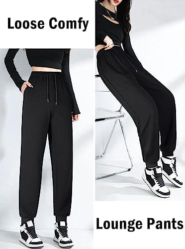 ASIMOON Womens Sweatpants Elastic High Waist Joggers for Women with Pockets Comfy Lightweight Yoga Sweat Pants Loose Lounge Athletic Jogging Pants Black - Image 2
