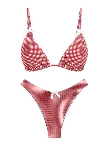 seamoly Women's Bikini Sets Sexy High Cut Triangle Thong Two-Piece Bathing Suit Tie Back Padded Cute Swimsuit Red Gingham S - Image 1