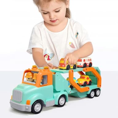 Wanborns Transport Car Carrier Truck Toys for 2 3 4 5 Years Old Kids, 24 inches Foldable Track Trailer with Light & Sound Effects, 4pcs Small Car Toys, Best Gift Choice for Christmas, Birthday - Image 8
