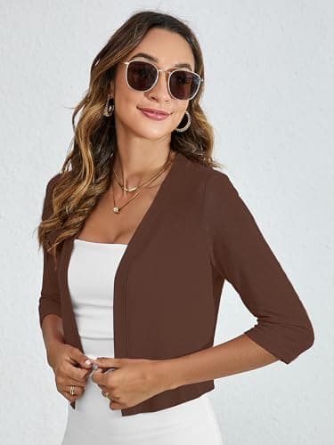 Heymoments Women's Thin Shrugs for Dresses Open Front Coffee Medium Knit 3/4 Sleeve Lightweight Coat Cropped Tops Shawls and Wraps Cardigan Dressy Sweater Clothes - Image 2
