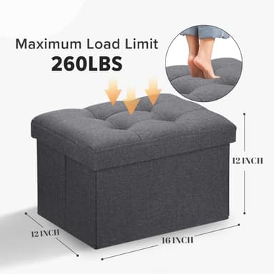 LINMAGCO Ottoman Storage Ottoman with Storage Small Foot Rest Stool Under Desk Stool Short Folding Footrest Linen Cloth Dark Gray 16X12X12IN - Image 2