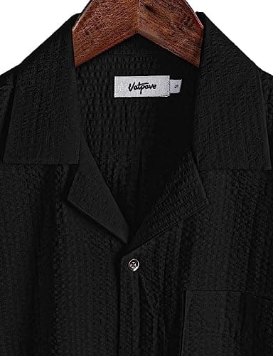 VATPAVE Mens Striped Summer Shirt Casual Button Down Short Sleeve Beach Shirts Cotton Linen Shirts for Men Large Pure Black - Image 4