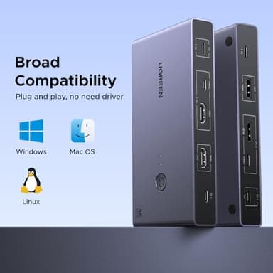 UGREEN USB-C+HDMI KVM Switch 1 Monitor 2 Computers with 4 USB 3.0 Ports 4K@60Hz Aluminum for 1 Laptop & 1 Desktop Share One Monitor Keyboard Mouse Printer with 1 HDMI Cable+2 Type-C Cables - Image 8
