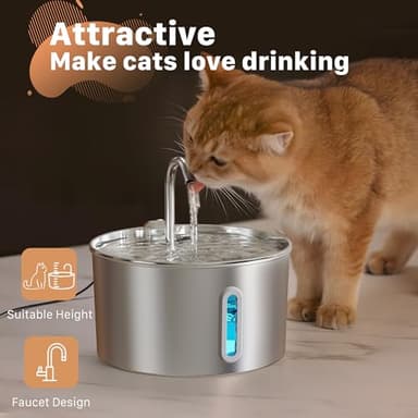 Cat Water Fountain Stainless Steel: 2.2 L Cat Fountain for Drinking - Automatic Pet Water Fountain for Cats Inside - Metal Cat Dog Water Dispenser Bowl with Faucet Water Level Window Ultra Quiet Pump - Image 7