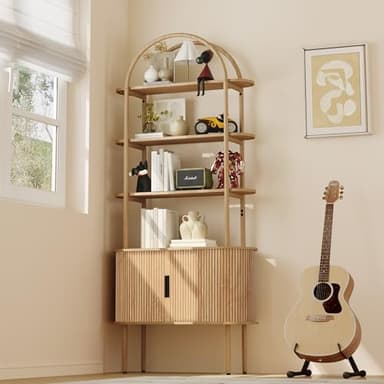 71" Tall Fluted Arched Bookshelf with Sliding Tambour Doors, Mid Century Modern Metal Curved Bookshelf Cabinet with Storage, 4-Tier Open Display Storage Shelf for Home Office, Living Room (Natural) - Image 4