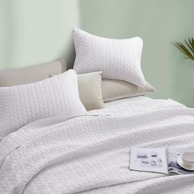 PHF Quilt Bedding Set Queen Size - Lightweight Summer Bedspread, 3PCS Soft Breathable Leaf Pattern Bedding Coverlet for All Season, Drop Nicely Quilt 90" x 96"with 2 Pillow Shams, Coconut White - Image 7