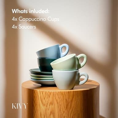 KIVY Cappuccino cups set of 4 [8oz] - Thick-walled stoneware cappuccino cup set for latte art - Cappuccino coffee cups - Tazas de cafe - Latte cups - Latte art cup and saucer set of 4 - Green, Blue - Image 5