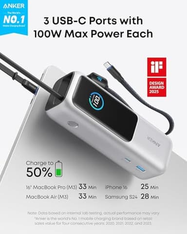 Anker Laptop Power Bank, 25,000mAh Portable Charger with Triple 100W USB-C Ports, Built-in and Retractable Cables, for iPhone 16/15 Series, MacBook, Samsung, and More (Flight-Approved) - Image 2