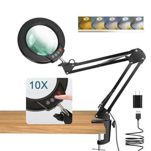 Coyeth 10X Magnifying Glass with Light and Clamp, Real Glass Stand Lighted Magnifier, 5 Color Modes Stepless Dimmable LED Desk Lamp Hands Free for Crafts Hobby Reading Painting Sewing Close Work - Image 1