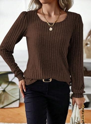 Samefar Ladies Tunics or Tops to Wear with Leggings Long Sleeve Sweater Tops for Women Basic Solid Soft Womens Shirts Blouses Brown Medium - Image 4