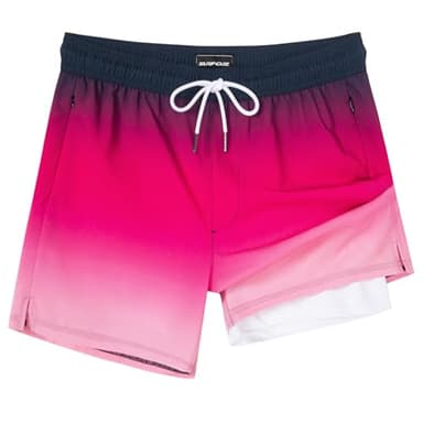 SURF CUZ Mens Swim Trunks with Compression Liner Mens Swimming Trunks 5 Inch Bathing Suit with Zipper Pockets Quick Dry Swim Shorts Cherry Pink Gradient Medium - Image 1