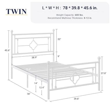 Allewie Twin Size Metal Platform Bed Frame with Victorian Vintage Headboard and Footboard/Mattress Foundation/Under Bed Storage/No Box Spring Needed/Noise-Free/Easy Assembly, White - Image 2