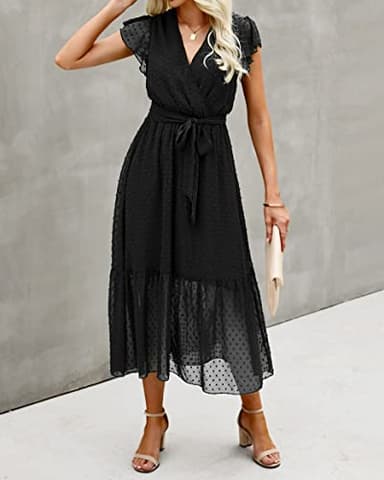 BTFBM Women Summer Bohemian Floral Casual Wrap V Neck Ruffle Cap Sleeveless Belt A-Line Pleated Hem Swing Midi Sun Dress (Swiss Dot Black, x_l) - Image 2