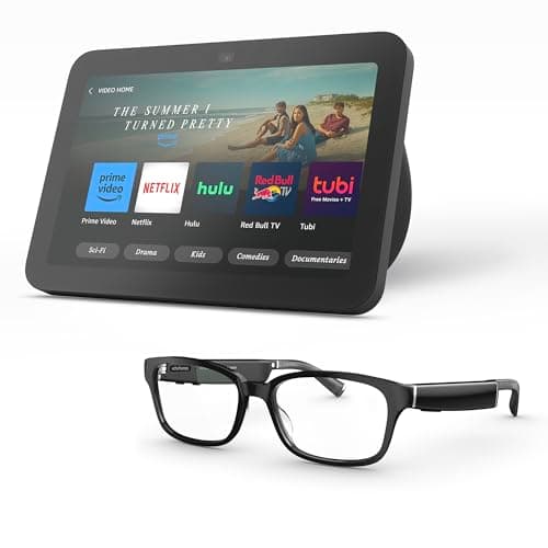Amazon Echo Frames (newest model) + Echo Show 8 (newest model), Smart Glasses with Alexa, Rectangle frames in Classic Black with blue light filtering lenses - Image 1