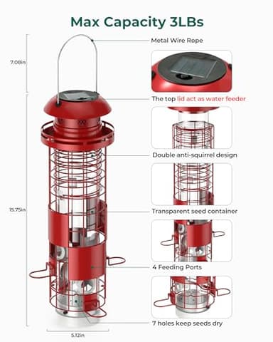 Solar Squirrel Proof Bird Feeders for Outdoors Hanging, Metal Mesh Tube Bird Seed Feeder for Outside with 4 Ports, Weight-Activated Perches, 3LBs Seed Capacity, Suitable for Small Medium Birds, BF008 - Image 3