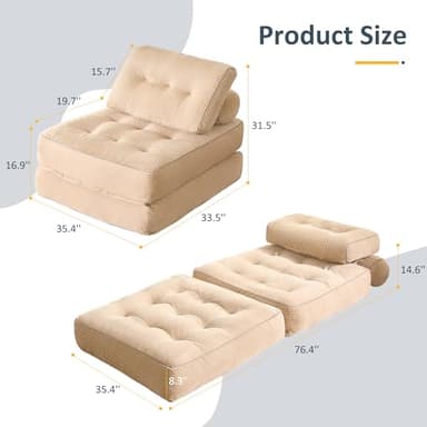 Afuson Folding Chair Bed, Futon Sofa Bed, Floor Couch for Adults Chair Bed for Living Room, Lounge Sofa, Convertible Sofa Bed, Small Couches for Small Spaces, Camel - Image 2
