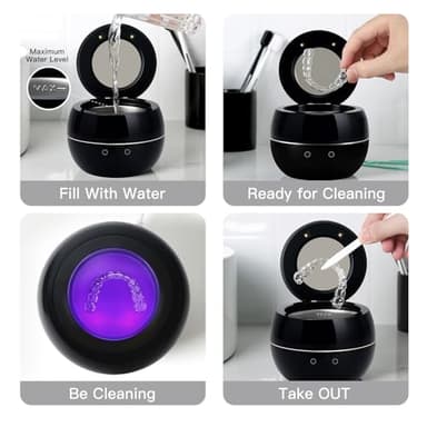 Dental Ultrasonic Retainer Cleaner Machine: 45kHz Dental Cleaning Pod for Denture, Aligner, Mouth Guard, Night Guard, Braces & Jewelry, UV Denture Cleaner with Digital Timer & Dual Mode 250ML Black - Image 7
