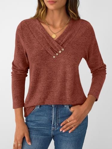 AUTOMET Womens Long Sleeve Tunic Top Lightweight Sweaters V Neck Button Shirts 2025 Dressy Casual Business Blouses Trendy Sweatshirt Fall Fashion Clothing Caramel L - Image 3