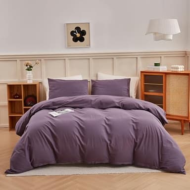 ECOCOTT Lilac Purple Duvet Cover King Size, 100% Washed Cotton 3 Piece Bedding Set 1 Duvet Cover with Zipper and 2 Pillowcases, Ultra Soft and Easy Care Breathable Duvet Cover Set ((Lilac Purple,King) - Image 1