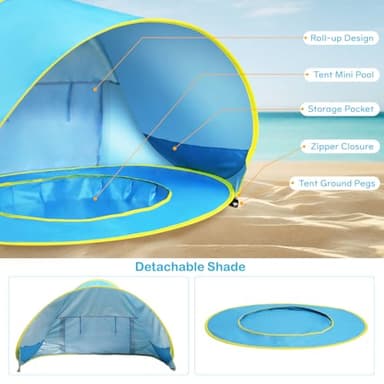 Zooawa Baby Beach Tent, Pop Up Beach Tent Sun Shade for Beach, Portable Shade Pool UV Protection Sun Shelter for Infant with Beach Sand Toys Set, No Pattern, Blue - Image 3