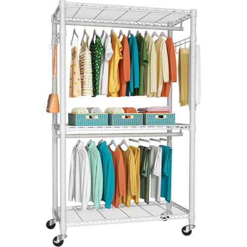 FUTASSI P1 Heavy Duty Garment Rack, 3 Tiers Adjustable Rolling Metal Closet Organizer with Lockable Wheels, FreeStanding Wardrobe with Double Hanger Rods & 1 Pair Hooks, Max Load 450 LBS, White - Image 1