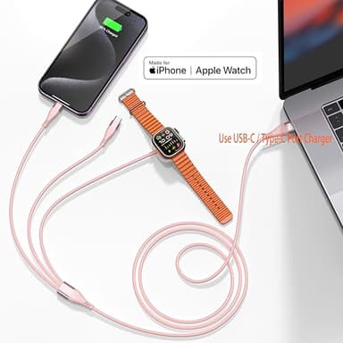 Apple Watch Charger 4FT Multi Charging Cable, Magnetic Nylon Braided USB C Port to Lightning Type-C Cord iWatch Wireless Charger 3 in 1 Charging Wire for Airpods Apple iPhone iPad iWatch Phone - Image 3