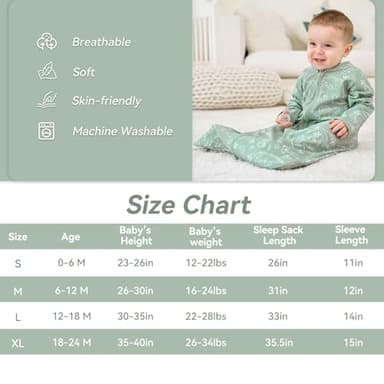 FIEMOL Baby Sleep Sack 12-18 Months, Long Sleeve Baby Wearable Blanket 0.5 Tog with Mittens, 2-Way Zipper Toddler Cotton Sleeping Sack for Boy and Girl Green Dinosaur 2 Pack(Large) - Image 4