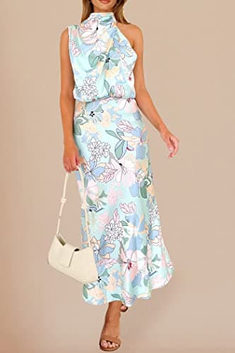 PRETTYGARDEN Women's 2025 Summer Satin Dress Elegant Sleeveless Mock Neck Cocktail Party Maxi Dresses (Print Blue,Large) - Image 2