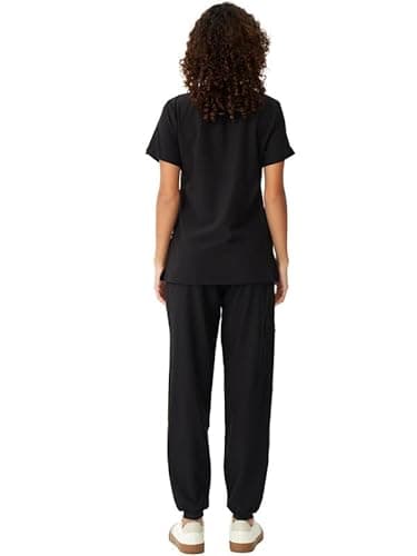 floralhue Scrubs for Women, V-Neck Scrubs Top & Cargo Pants, Scrubs Set with 10 Pockets, Yoga Waistband, 4 Way Stretch, Black, M - Image 2