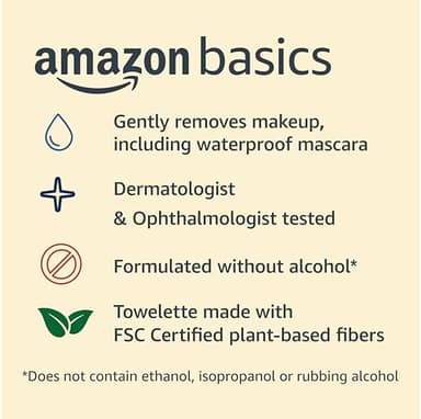 Amazon Basics Makeup Remover Wipes, Gentle Cleansing, Dermatologist Tested, Original, Plant Based, Alcohol-Free, Removes Waterproof Mascara, 25 Count Per Pack, Pack of 2 - Image 3