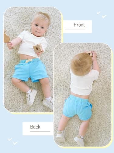 HoeVou Baby Boys Shorts 4-Pack 0-24M | Cotton Knit Pull-On with Adjustable Drawstring Waist & Pockets, Summer Playwear Navy, Blue, Smoke Gray, Gray Set B 3-6M - Image 4