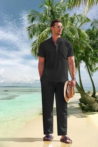 COOFANDY Men's Cotton Linen Sets 2 Piece Casual Navy Blue Henley Shirt Short Sleeve Beach pants with Pockets Outfits - Image 2