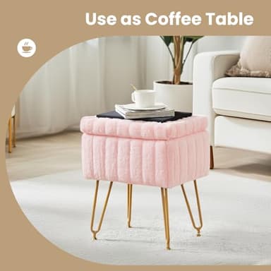 DUMOS Vanity Stool Chair, Ottoman with Storage, Makeup Cute Soft Small Footstool, Modern Style Faux Fur Seat with 4 Metal Legs & Adjustable Feet for Dressing, Living Room, Bedroom, Dorm, Pink - Image 6