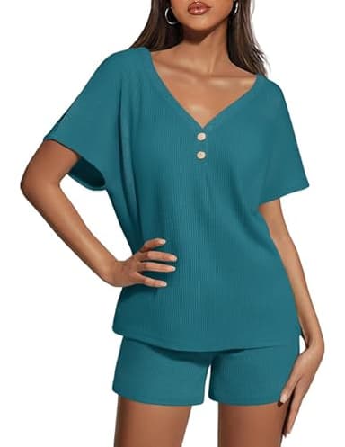 Ekouaer Womens 2 Piece Short Sets Waffle Knit Lounge Set Women's Pajama Set Summer Outfits V Neck and Shorts with Pockets Blue Green - Image 1