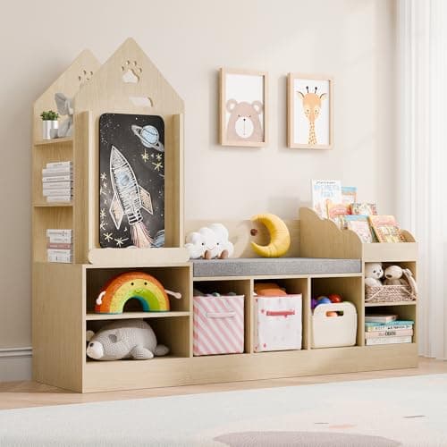 MU Kids Bookshelf with Reading Nook, Wooden Toy Storage Organizer with Chalkboard and Bench, Kids Reading Nook for Boys & Girls, Toddler Toy Shelf for Bedroom, Nursery, Playroom, Natural Oak - Image 1