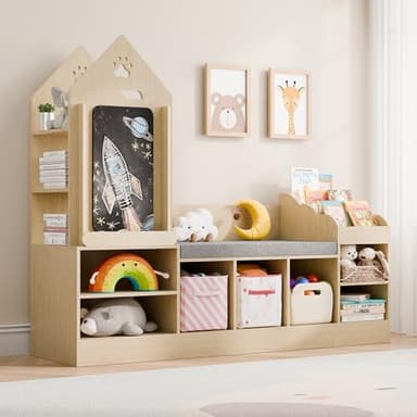 MU Kids Bookshelf with Reading Nook, Wooden Toy Storage Organizer with Chalkboard and Bench, Kids Reading Nook for Boys & Girls, Toddler Toy Shelf for Bedroom, Nursery, Playroom, Natural Oak - Image 1
