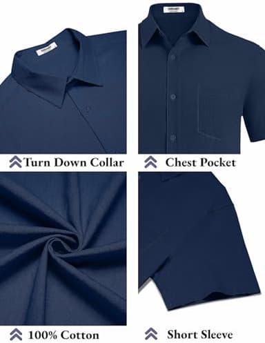 COOFANDY Mens Pure Cotton Shirt Short Sleeve Casual Button Down Shirt Summer Shirt Navy Blue - Image 5